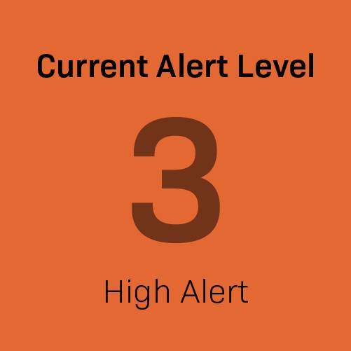 Current Alert level is "Level 3: High (Dark Orange)"